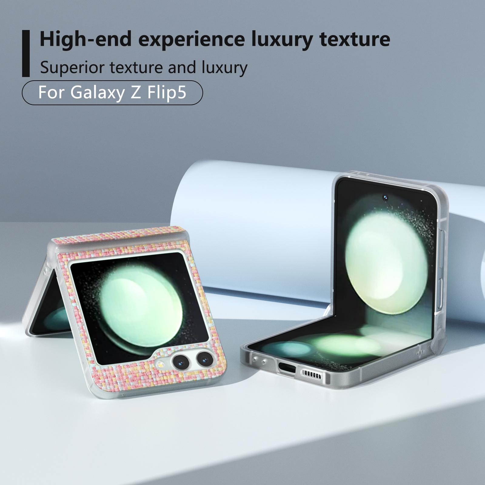 

For Samsung Galaxy Z Flip5 5G Case Colorful Plaid Texture Leather Phone Cover Matte Frame Hinge Protection Pink