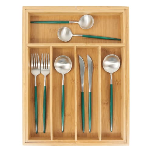 VaeFae Bamboo Silverware Organizer, Expandable Kitchen Drawer Organizer for Cutlery, Wooden Utensil Holder, Multifunctional Drawer Storage, 5-7 Compar