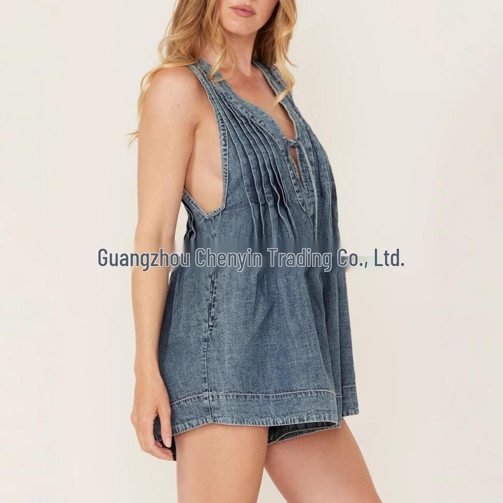 Trendy European & American Women's Mid-Summer Denim Jumpsuit - Pure Cotton, Washed, Pleated, Deep V Lace-Up Shorts