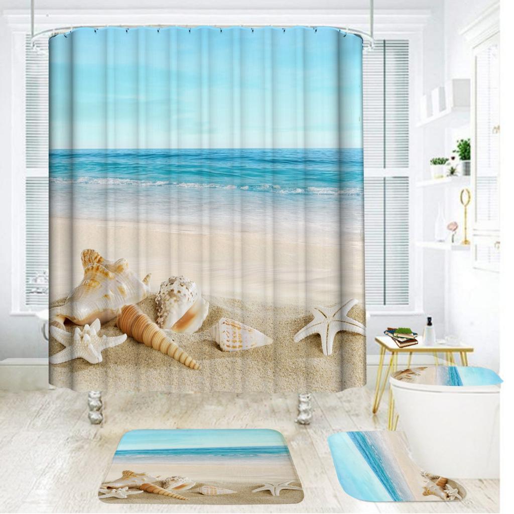 Bathroom Shower Curtain Four-piece Digital Printing Beach Shell Waterproof Shower Curtain Shower Curtain Partition Curtain Bath Mat
