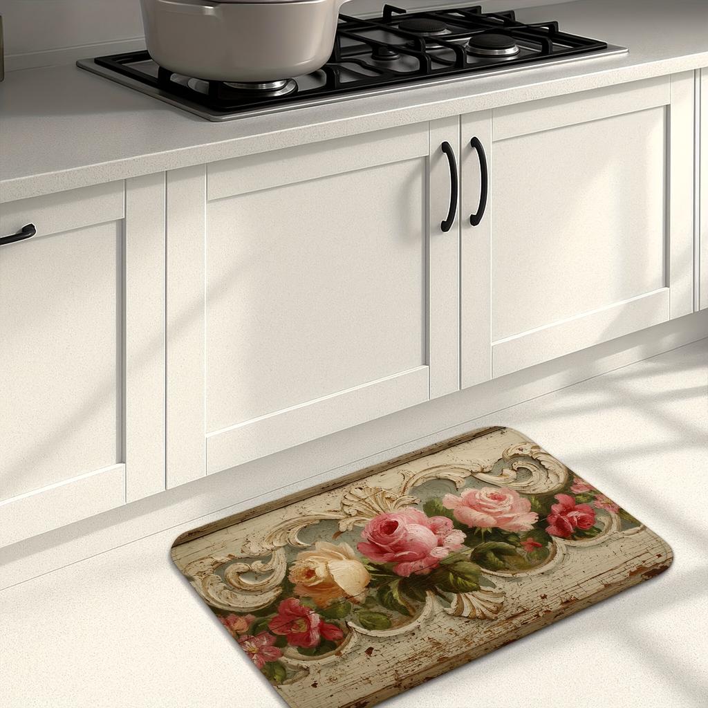 1 Stück Anti-Ermüdungs-Küchenteppiche, Vintage-Blumendruck, wasserdicht, rutschfest, dick gepolstert, Küchenmatte, strapazierfähig, bequeme Stehmatte für die Küche