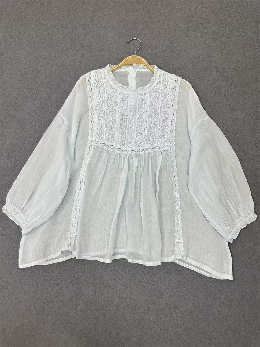Johnature Summer Retro Pullover Lace Loose Three-quarter-sleeved Shirt Casual Thin Simple Women Blouses One Size