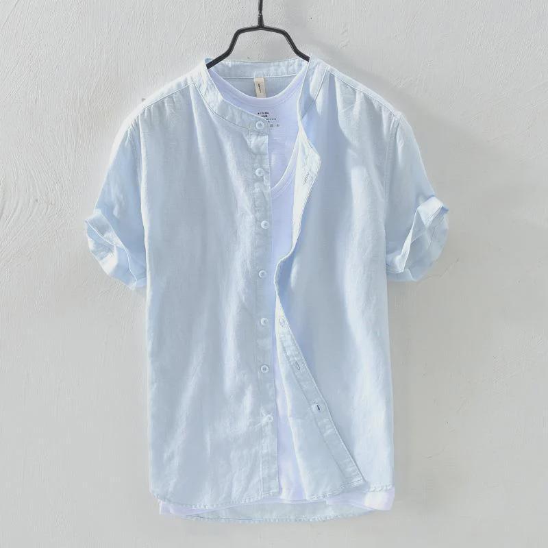 Men's Short-Sleeve Chinese Stand Collar Linen Shirt - Lightweight Summer Casual Fashion