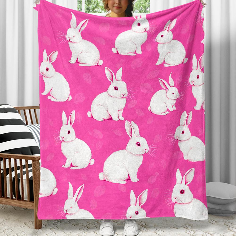 Pink background white rabbits cute animal pattern flannel blanket soft cozy throw blanket gift for girls and kids