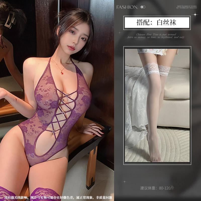 Neck onesie sexy free lace perspective waist tight lingerie women's temptation empty love