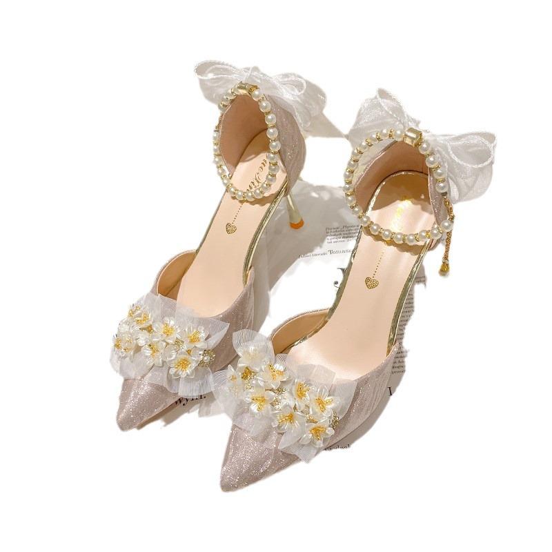 Wedding shoes women's shoes wedding dress two wear silver not tired feet 18-year-old adult ceremony high heels