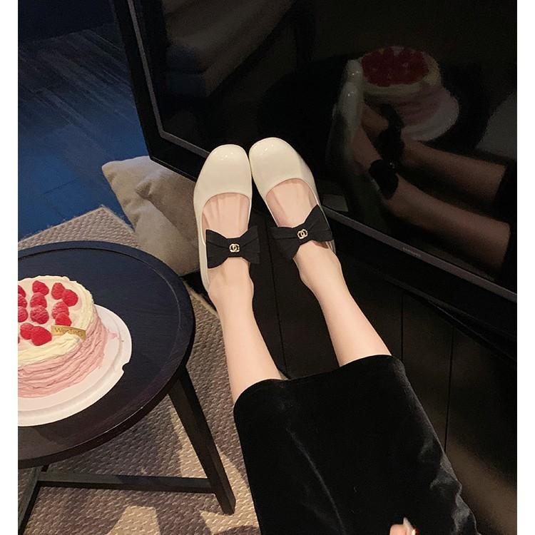Sheepskin version Xiaoxiangfeng bow shoes leather thick heel single shoes women's one-word strap high heels medium heel Mary Jane shoes