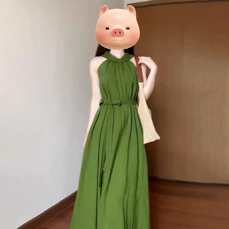2026 Summer French Green Sleeveless Children's Beach Resort Long Dress