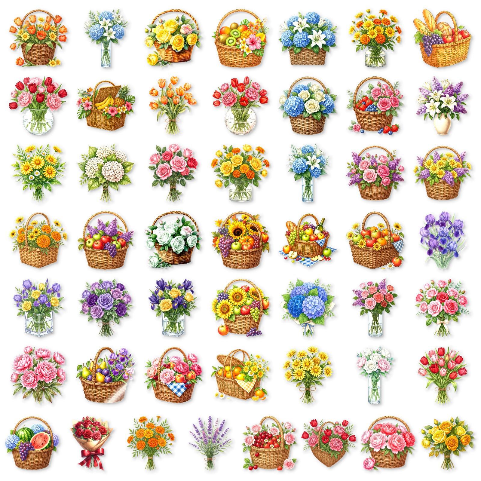 50Pcs/Set Baskets of Flowers PET Clear Stickers Waterproof DIY Fashion Decals Transparent Stickers