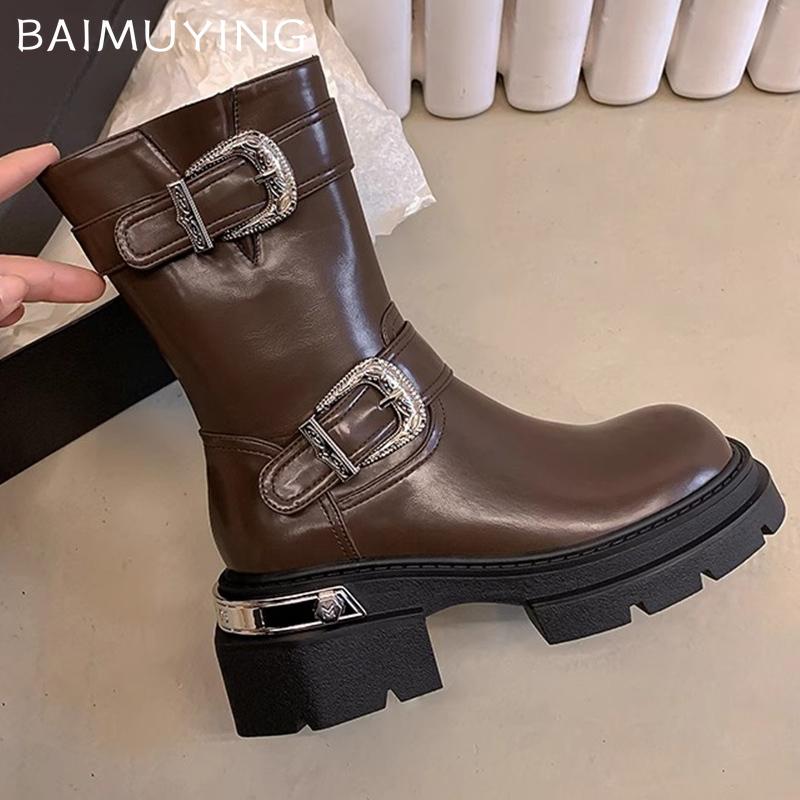 Women Platform Mid Calf Boots Fashion Leather Buckle Mid Heels Shoes 2025 Trend Winter New Brand Designer Pumps Botas De Mujer