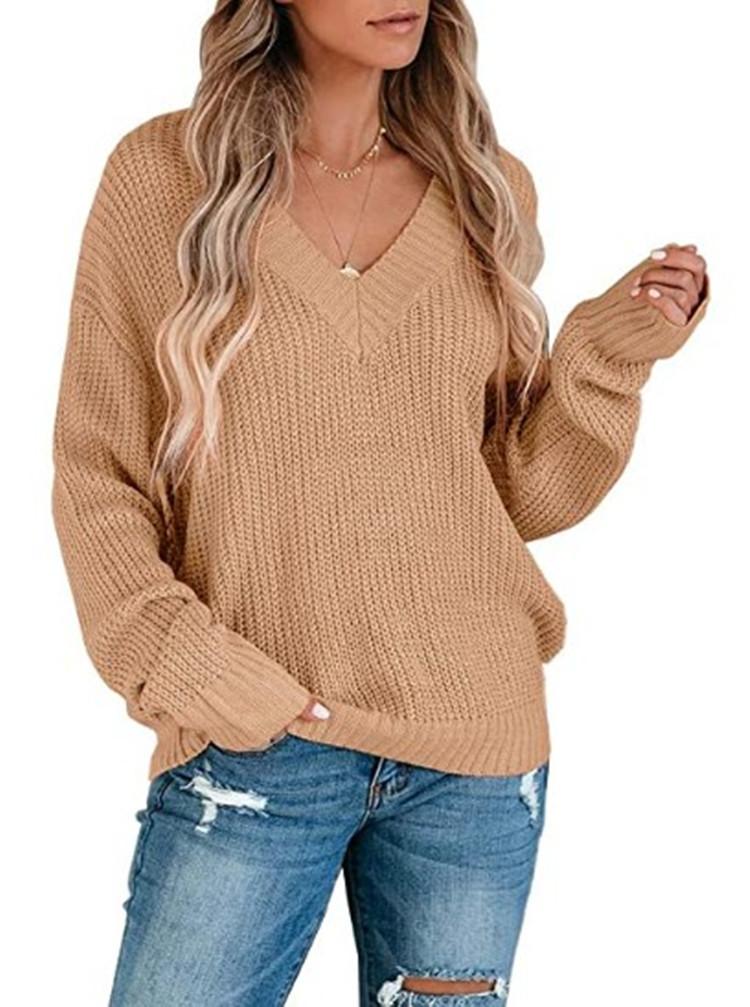 Casual Solid Knit Sweater Ladies V Neck Crew Neck Warm Daily Long Sleeve Blouse