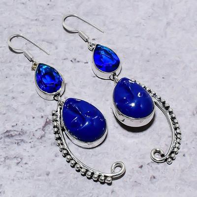 Natural Blue Face, Blue Topaz Gemstone 925 Sterling Silver Earring 3.11" b1E63
