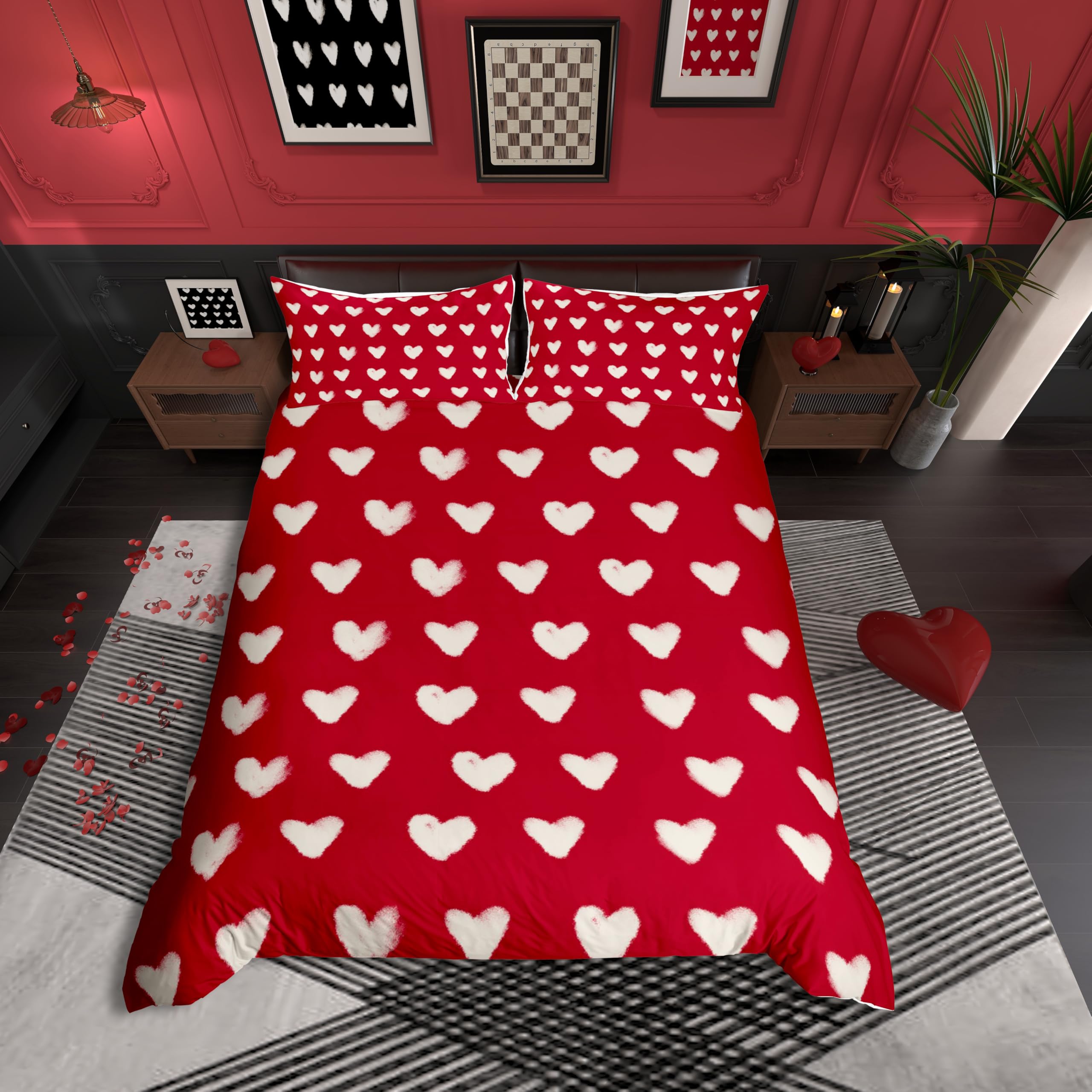

Red Hearts Soft Duvet Cover Set Quen Sized Dimensions, Red plus White Love Beding Set,Romantic Valentine Warm Comforter Cover Set,Couple Hearts Love 135*200cm Eu-Single
