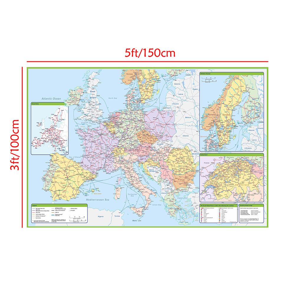 Europäisches Eisenbahnnetz Kartenposter - Detaillierte Kontinentale Zugrouten Wandkunst Dekoration für Zuhause Büro, Pädagogische Geografiekarte Papierdruck