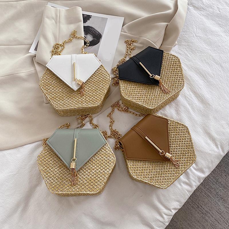 Women'S Bag Woven Hexagonal Bag Solid Color Single Shoulder Crossbody Bag Straw Bag Tassel Chain Crossbody Bag Quality