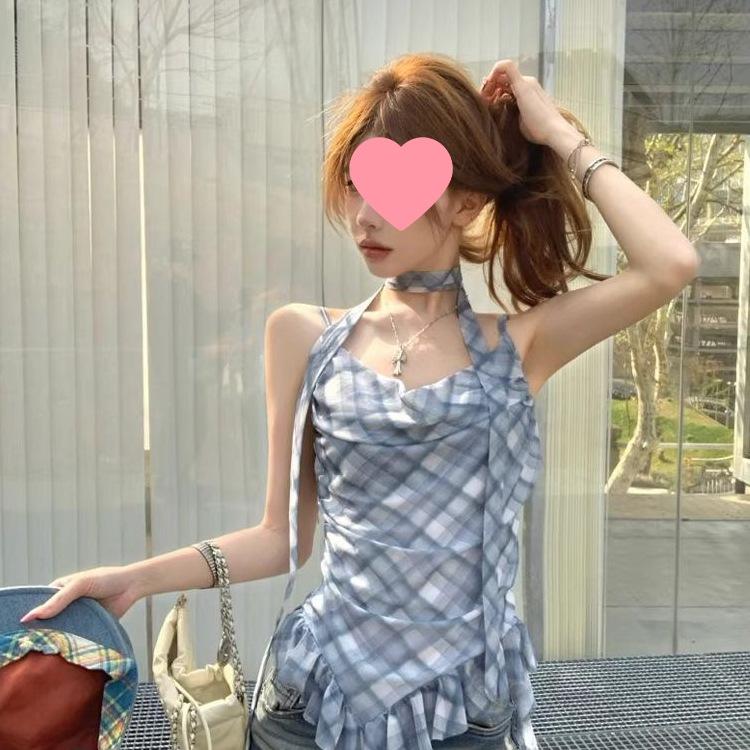 Korean Chic Plaid Camisole with Ruffles and Ribbons – Women's Sleeveless Summer Top