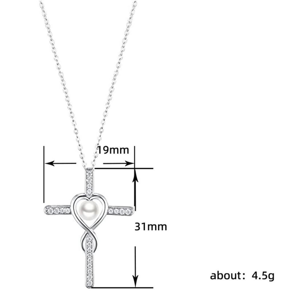 Cross Pendant Necklace with Heart Frame and Pearl Center Sparkling Stone Accent Faith Inspired Jewelry for Women