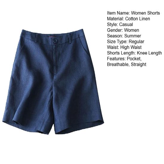 Women Summer Shorts Pocket Breathable Solid Color Straight Knee Length Daily Wear Loose High Waist Wide Leg Lady Shorts Female Clothes