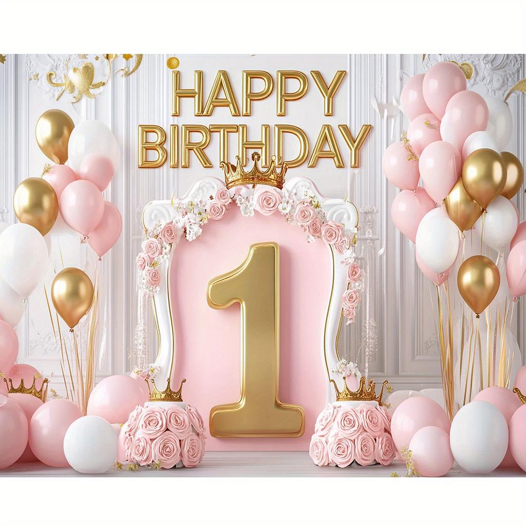 1pcs Pink and Gold Crown Rose Balloon Theme Happy Birthday Banner for 1 Year Old Kids