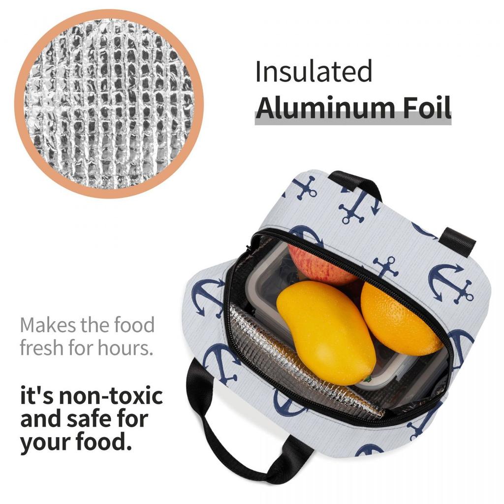 Maritime Pattern Of Blue Anchors On Light Gray Insulated Lunch Bag for Women Children Portable Food Boxes Thermal Lunch Box Tote