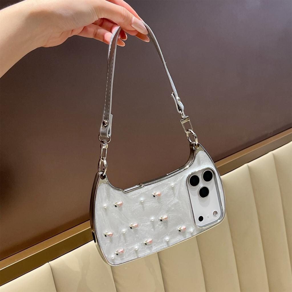 Elegant Pink Rose Pearl Shoulder Phone Case for iPhone 12-17 Series — Adjustable Strap, Mirror Metallic Frame