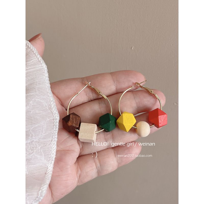 

Асимметричные цветные деревянные серьги-кольца/серьги-пусеты геометрической формы с бисером ручной работы, индийские этнические серьги-подвески Mosquito coil ear clip