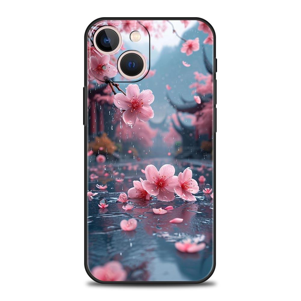 Coque de téléphone Rose Fleurs de Cerisier Printemps Pour iPhone 17 16 15 Pro Max 11 12 13 14 7 8 Plus SE 2020 X XR XS Cover Souple Noir