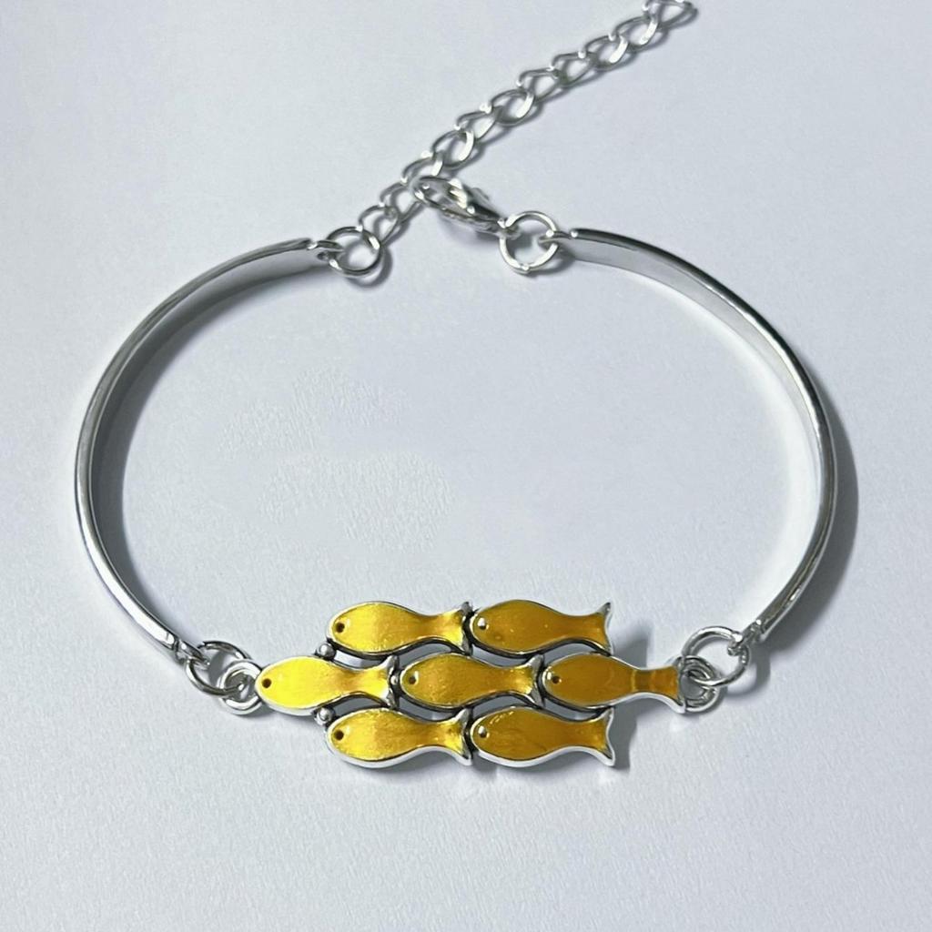 Vintage Bangle Bracelets for Women, Unique Designer Jewelry w/ Golden School of Fish Charm, Ocean Theme Charm Bracelet