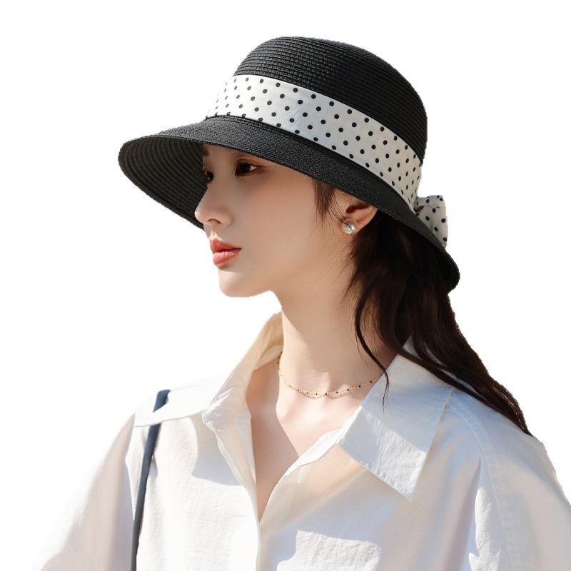 Summer new hat women's streamer raffia hat sunshade sunscreen hat breathable bow shows small face