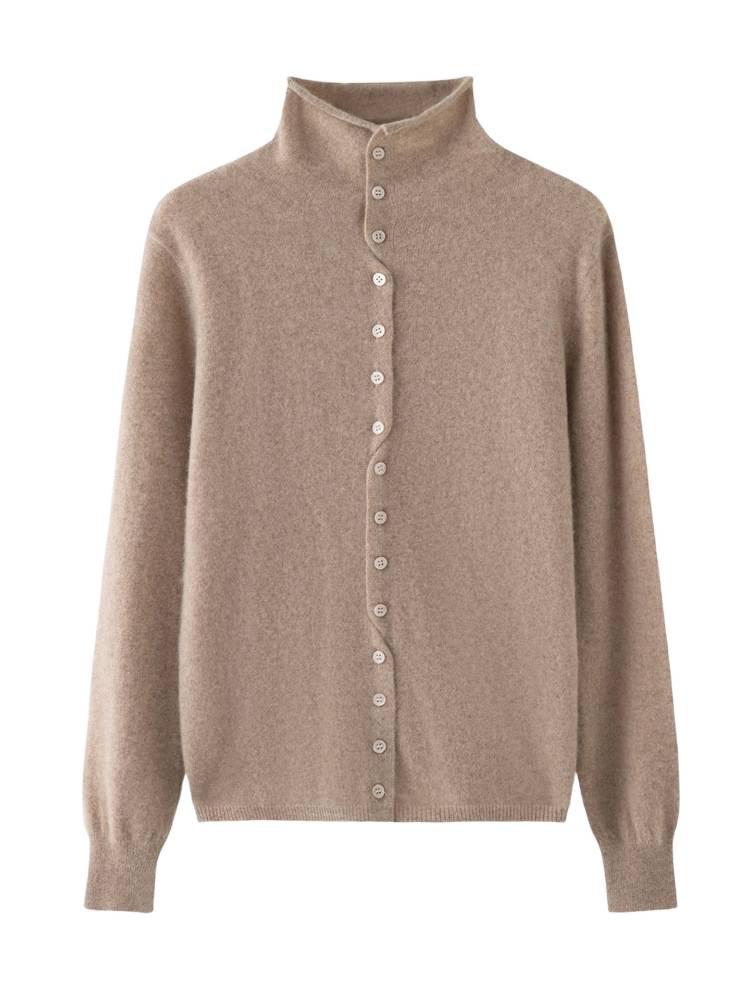 Women's Rolled Edge Cashmere Button-Up Cardigan, Half-High Collar Sweater Coat.