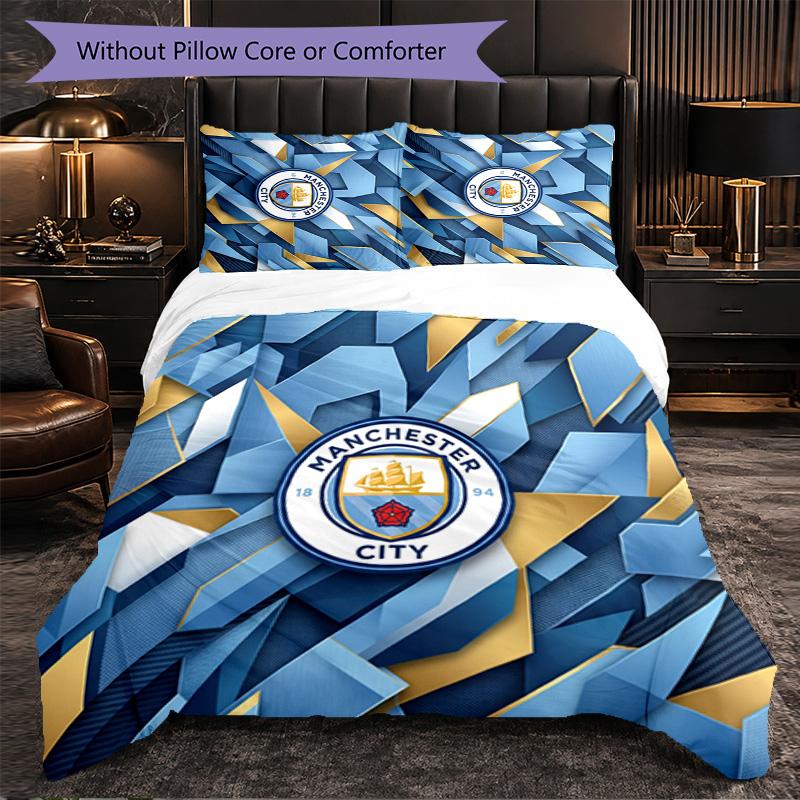 Manchester City Pattern 3 Pieces Bedding Set Soft Microfiber Duvet Cover with Pillow Cases for Bedroom