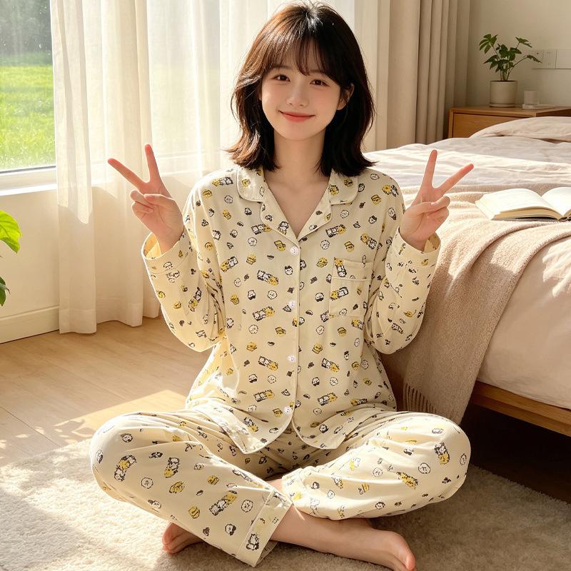 High-value imitation cotton long-sleeved pajamas women's spring and autumn new casual loose striped cardigan loungewear set