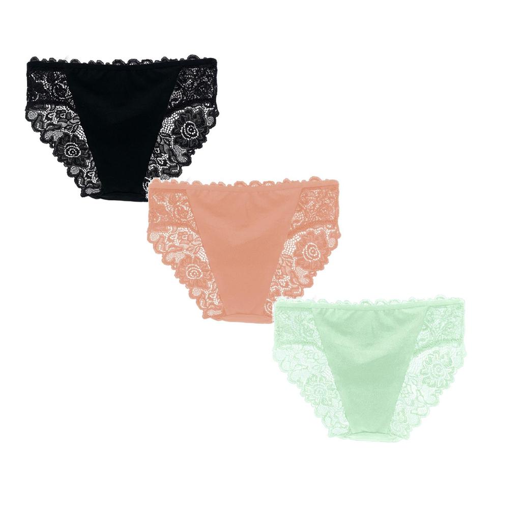 Women Lace Trim Panties Set of 3 Seamless Briefs with Floral Mesh Panels Soft Stretch Fabric Comfortable Fit