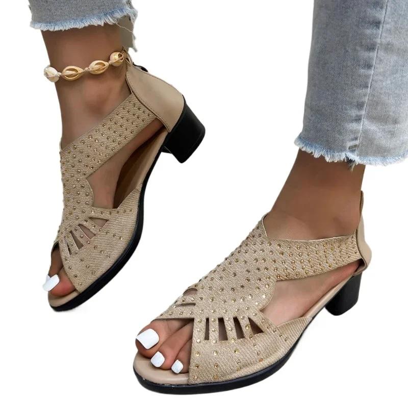Ladies Shoes on Offer Summer Back Zipper Women's Sandals Fashion Crystal Office and Career Open Toe Best Seller Heeled Sandals