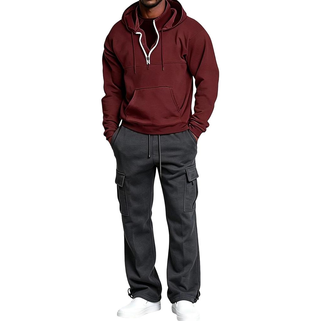 Completo da Uomo con Felpa con Cappuccio e Zip a Metà e Pantaloni Cargo, Outfit Casual in 2 Pezzi per l'Uso Quotidiano