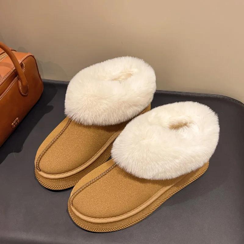 Novas botas de neve femininas da moda 2024, térmicas, forradas com pelúcia, peludas, versáteis, de camurça, cano baixo, bico redondo, quentes, botas escolares de inverno