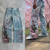 ROADVIBE Vintage Kirschblüte Schwarzer Ritter Stickerei Jeans Y2k Retro Baggy Gerade Denim Hose Blaue Waschung Jean Herrenbekleidung Streetwear