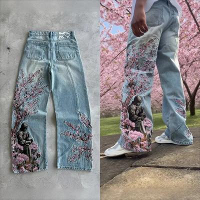 ROADVIBE Vintage Cherry Blossom Black Knight Embroidery Jeans Y2k Retro Baggy Straight Denim Pants Blue Wash Jean Men Clothing Streetwear