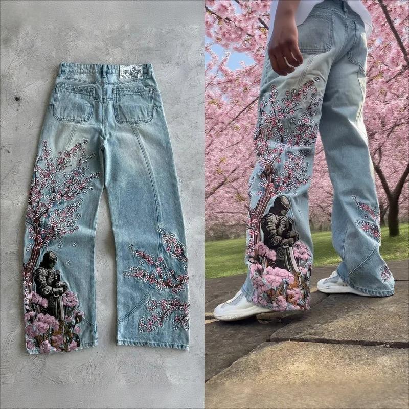 ROADVIBE Vintage Kirschblüte Schwarzer Ritter Stickerei Jeans Y2k Retro Baggy Gerade Denim Hose Blaue Waschung Jean Herrenbekleidung Streetwear