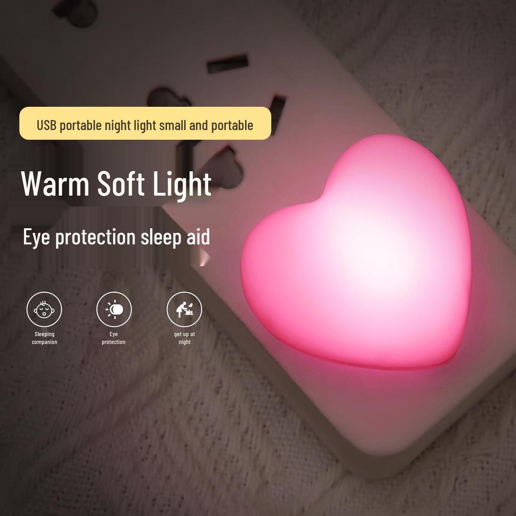 Heart-Shaped LED USB Night Light with Power Bank - White, Warm, Blue, Pink for Bedroom or Dorm Table 