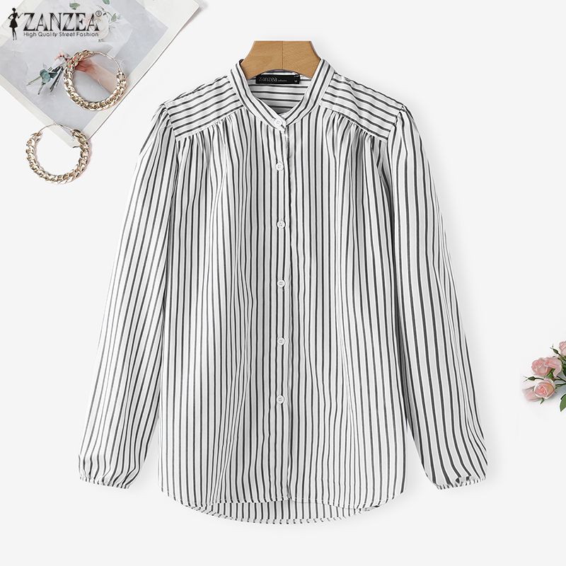 ZANZEA Women Casual Round Neck Long Sleeve Stripe Blouse