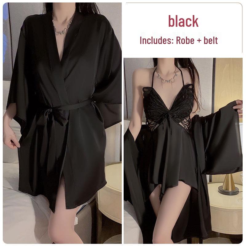 Set de pijama superb din mătase de gheață plus size cu cupe la piept și fundă - Rochie de dormit și halat exterior P3945