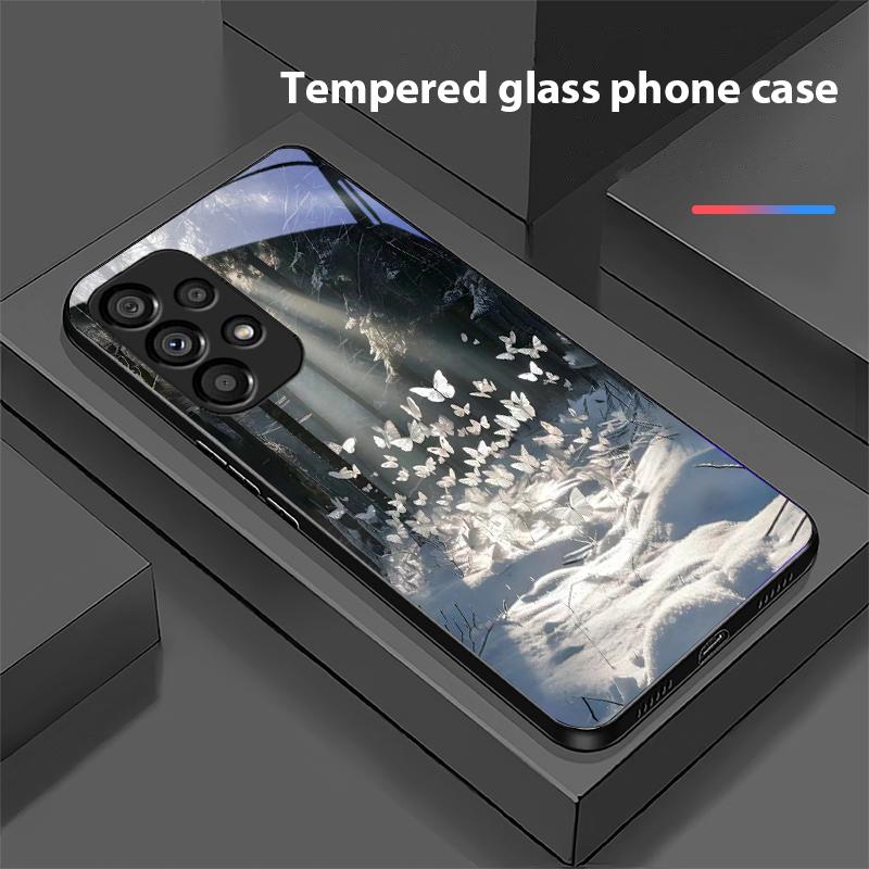 Borboleta Branca Para Samsung Galaxy S10 20 Plus 21 FE 22 23 24 FE 25 Ultra Capa de Celular de Vidro Temperado Preta Capa Dura