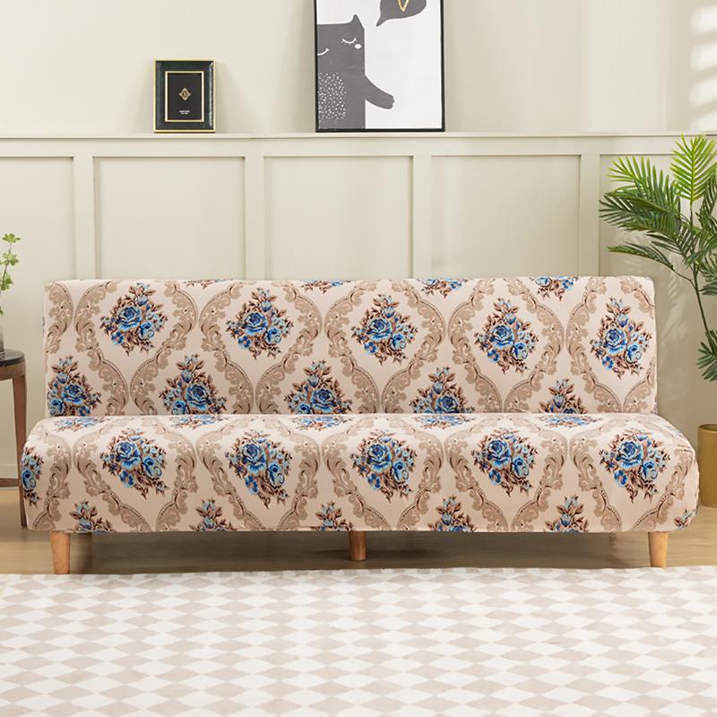 Floral Printed Armless Futon Slipcover Stretch Sofa Bed Slipcover Furniture Protector Without Armrests with Elastic Bottom 1pc