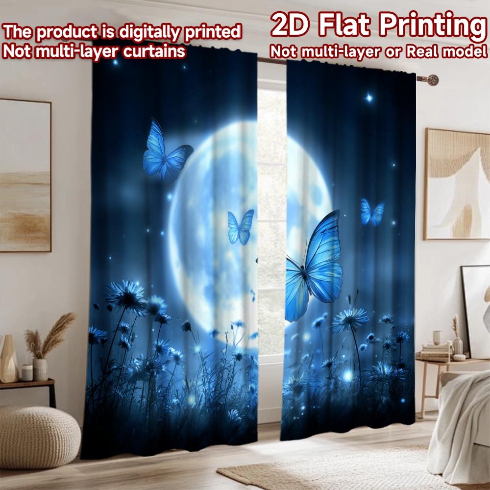 2D flat printing 2pcs Window Drapes Blue Butterflies Moonlit Meadow Digital Printed Polyester Drapes Family Party for Holiday
