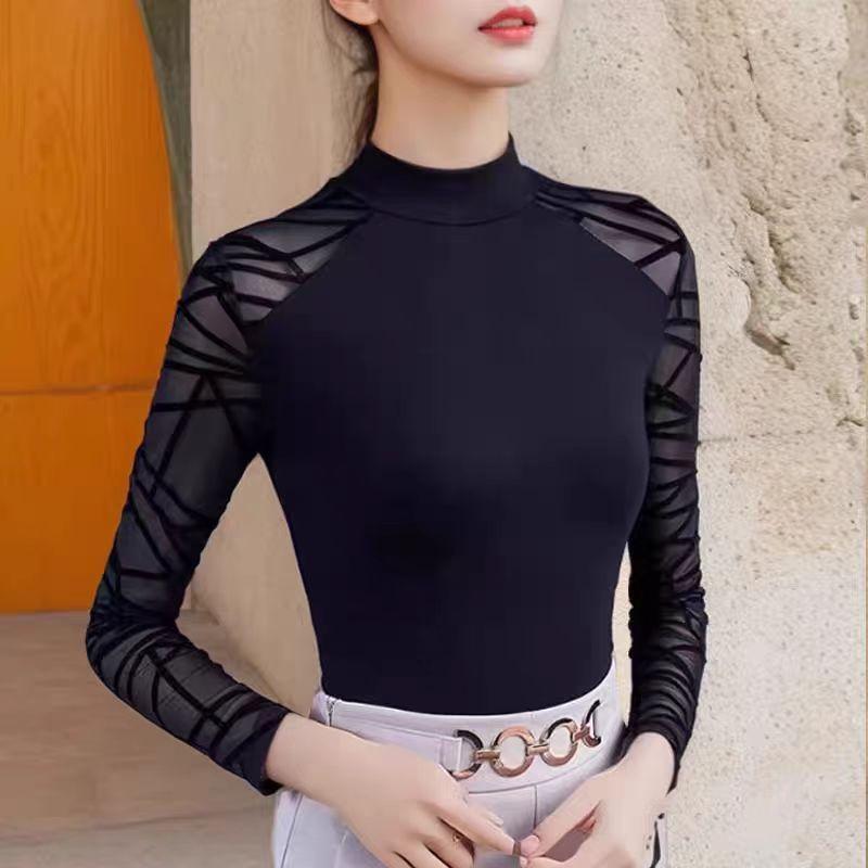 

Футболка с рукавом пять четвертей Женская Полая Черная Приталенная Рубашка Полувысокий Воротник Модный Универсальный Топ L чёрный