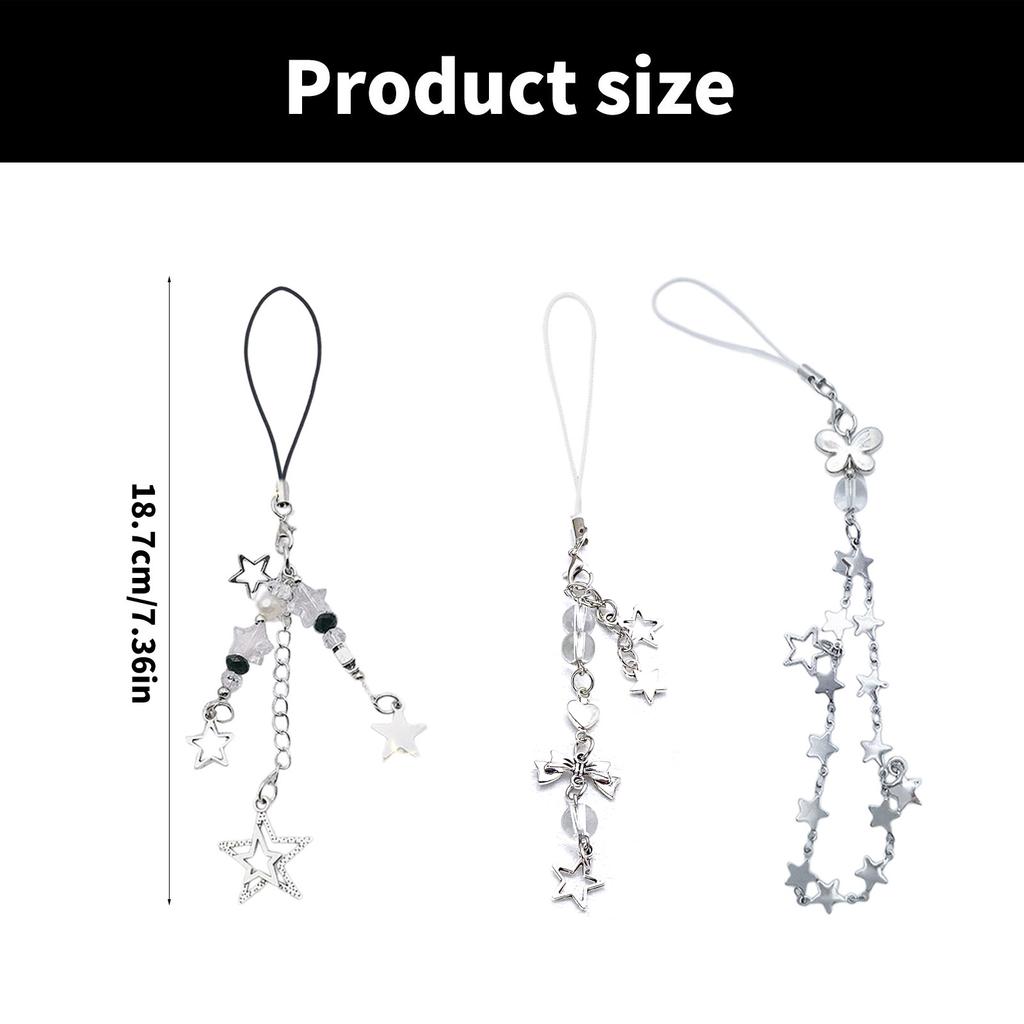 3 Pieces Alloy Phone Chain with Butterfly Star Charm Handmade Keychain Accessory Bag Pendant Decoration for Daily Use