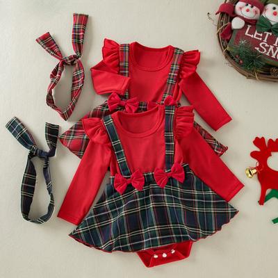 Bebê Meninas 0-2 Anos Infantil Manga Longa Vermelho Macacão Xadrez Saia Faixa de Cabeça Roupas