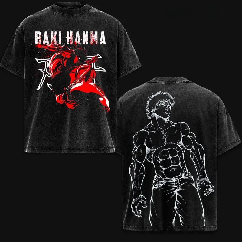 Manga Baki Hanma Baki Printed Tee Men Short Sleeve Clothing Washed Cotton T-shirt Vintage Casual T Shirt Harajuku Male Tshirt