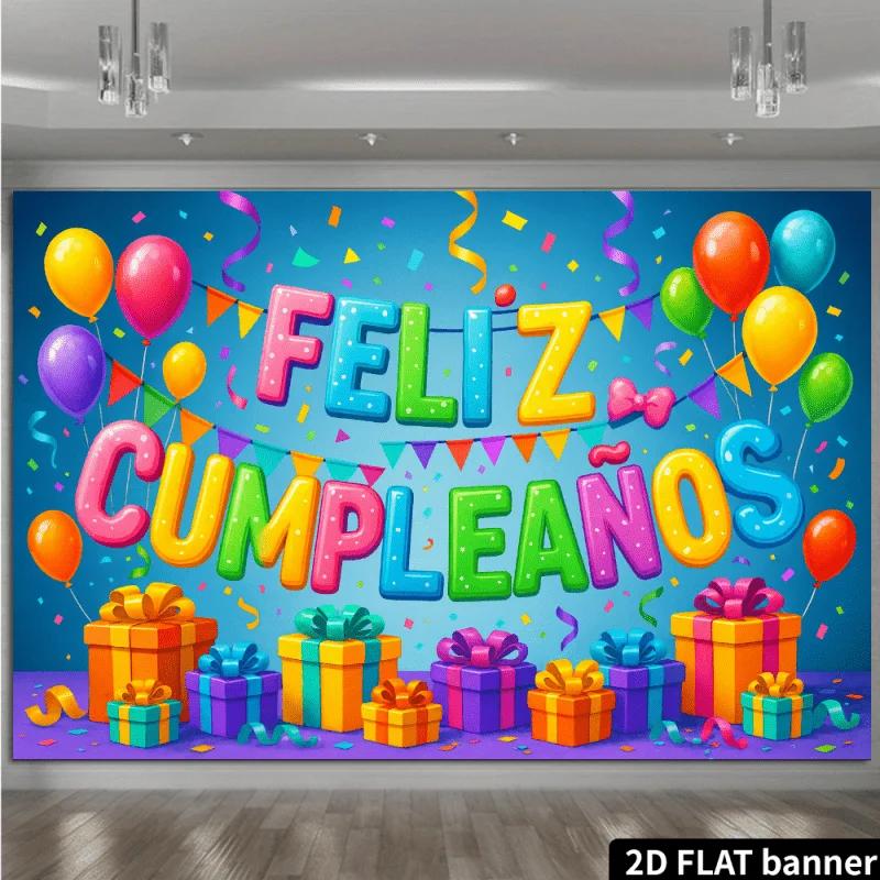 2D Flaches Banner - Bunter Spanischer Geburtstags Hintergrund Dekoratives Gewebe - "FELIZ CUMPLEAÑOS"